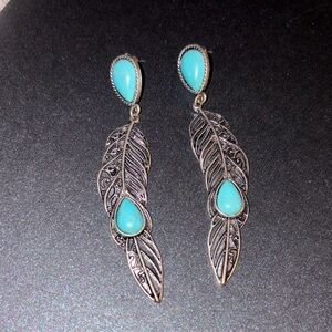 Turquoise Feather Drop Earrings Cowgirl/Western